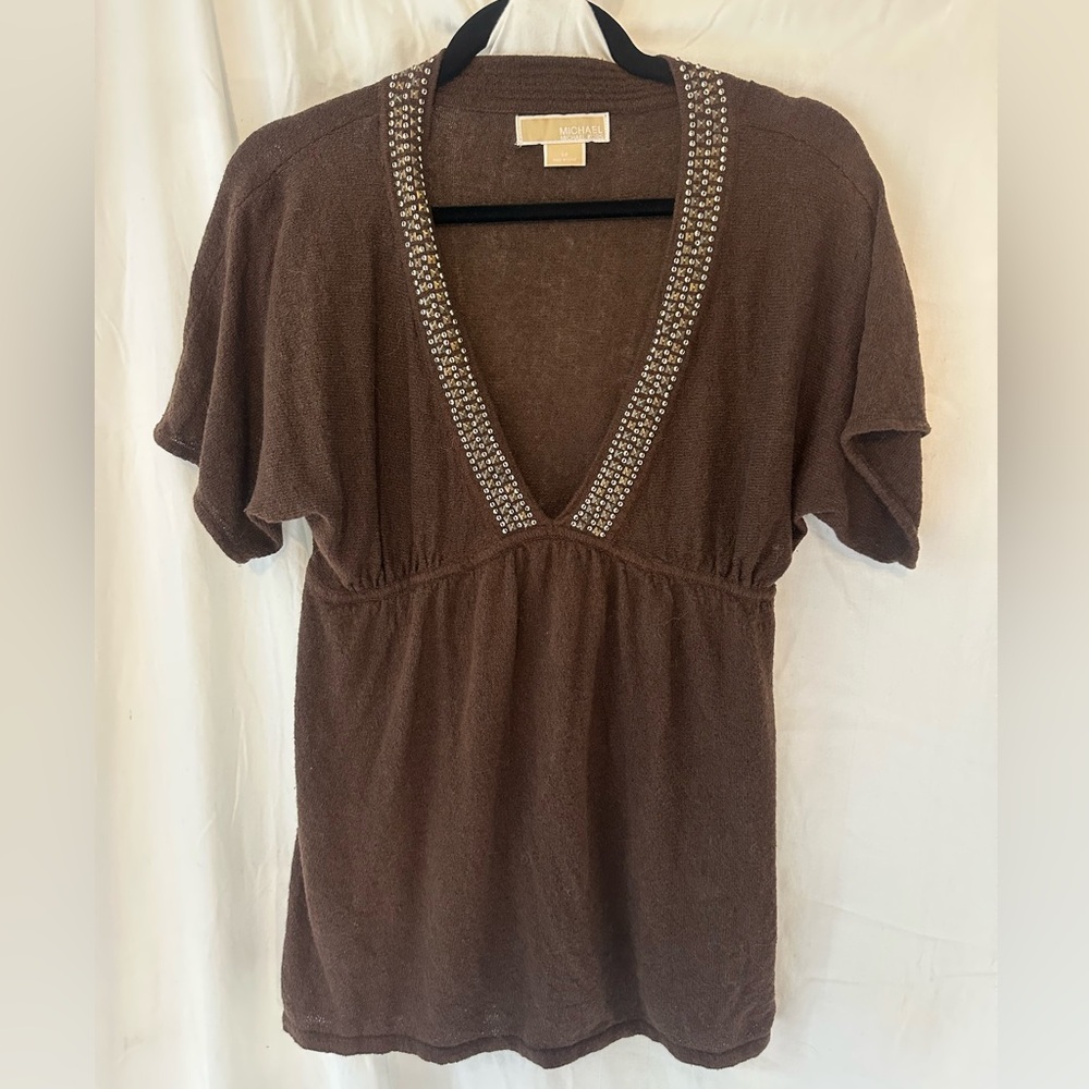Michael Kors Chocolate Brown Embellished V-Neck Blouse